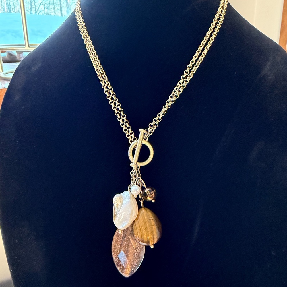 Double Strand Gold & Pearl Toggle Pendant Necklace